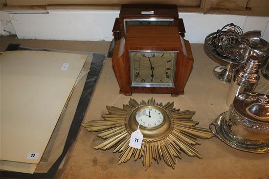 2 walnut mantel clocks & sunburst clock